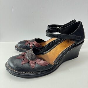 Nurture Black Leather Mary Jane Wedge Women Sandals 10M Floral Boho Casual